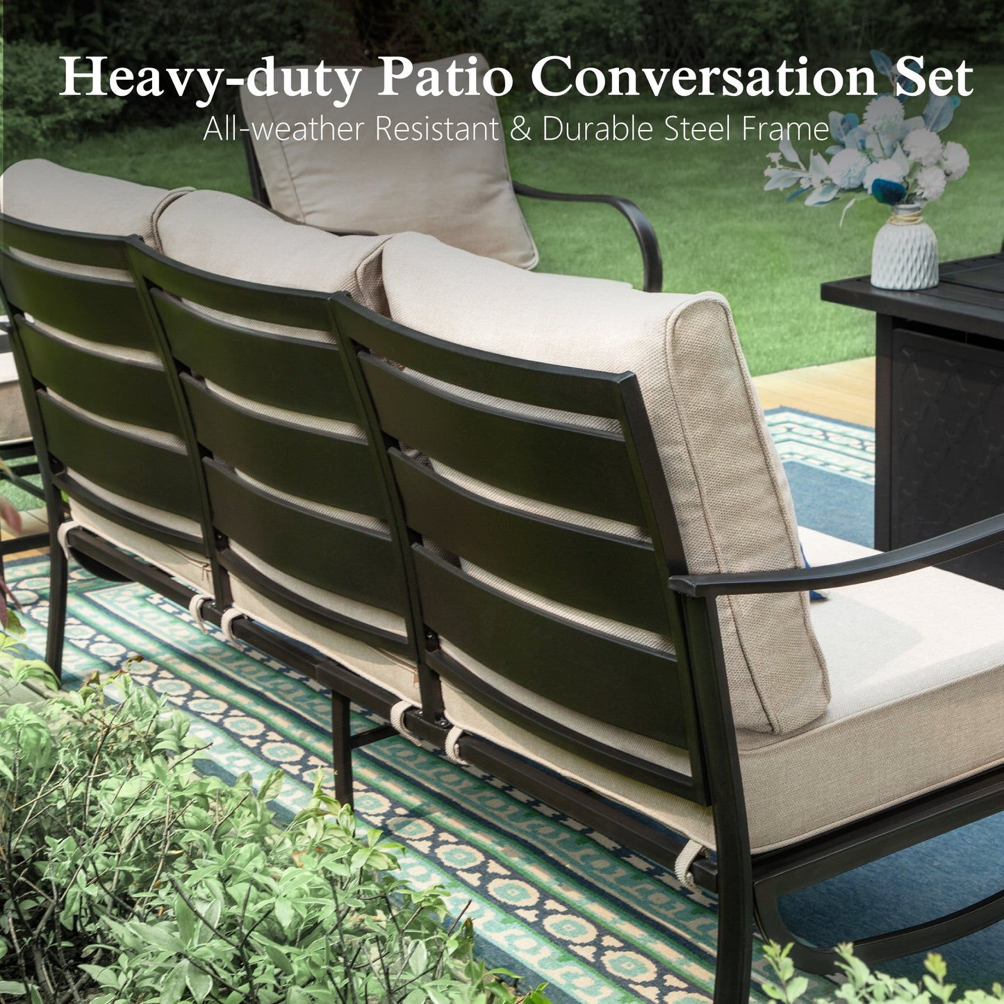 Alpha Joy 7 Seat Outdoor Patio Furniture Set Metal Conversation Set with Swivel Sofa Chairs & Table, Beige