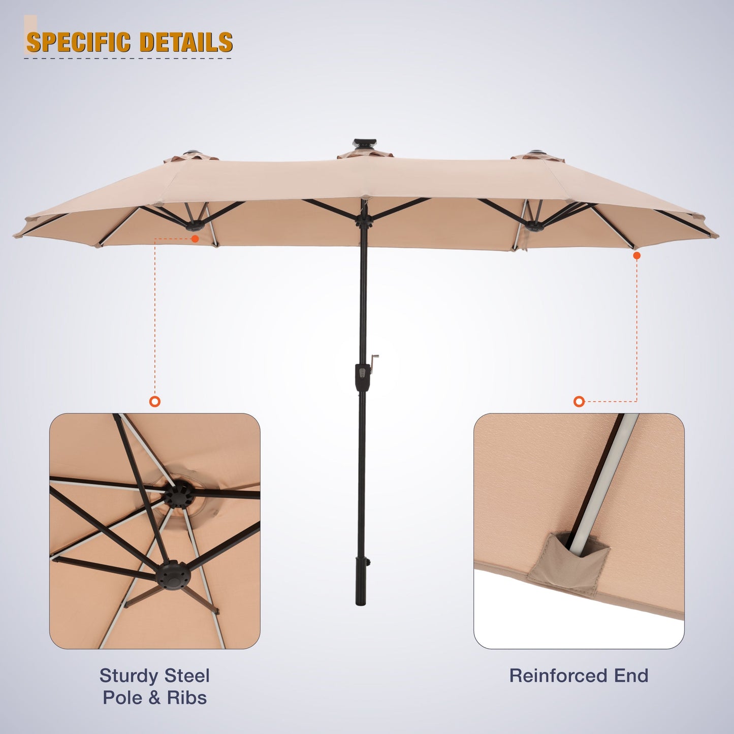 Alpha Joy 13ft Large Double-Sided Outdoor Patio Umbrella with Colorful Solar Lights, Beige