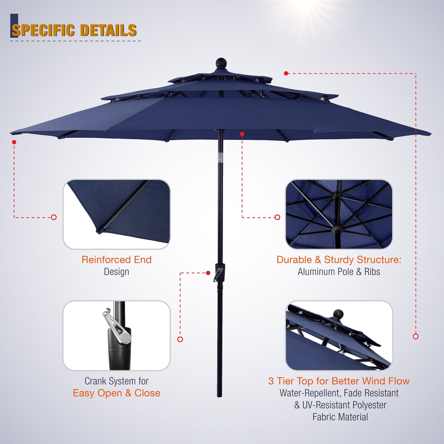 Alpha Joy 10ft 3 Tier Auto-tilt Outdoor Patio Umbrella with Push Button Tilt and Crank, Navy Blue