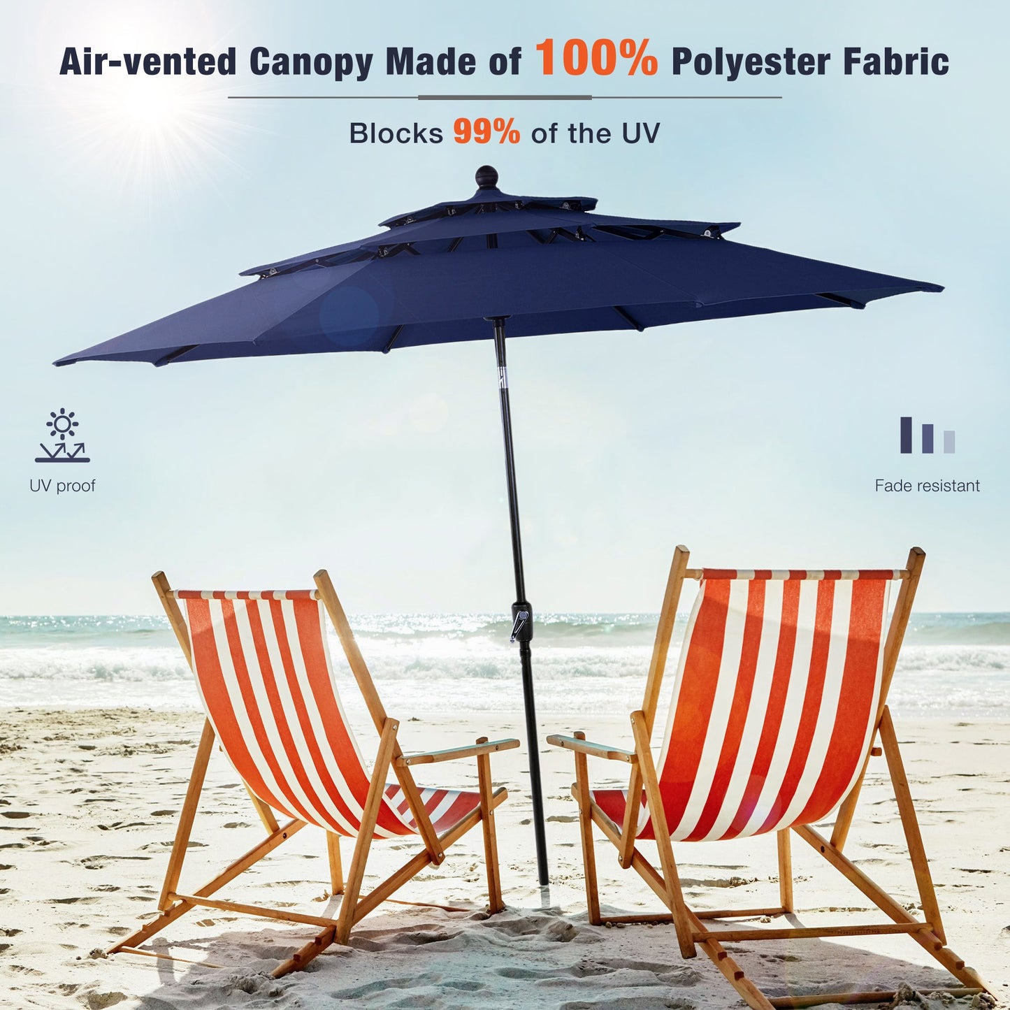 Alpha Joy 10ft 3 Tier Auto-tilt Outdoor Patio Umbrella with Push Button Tilt and Crank, Navy Blue