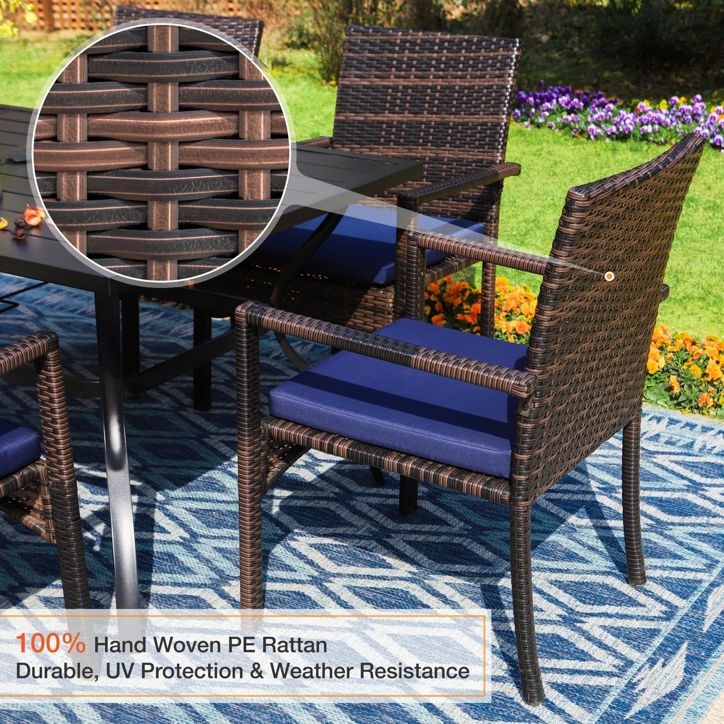 Sophia & William 7 Pieces Outdoor Patio Dining Set Large Round Metal Table with Umbrella Hole & Wicker Rattan Chairs Set for 6, Black & Navy Blue