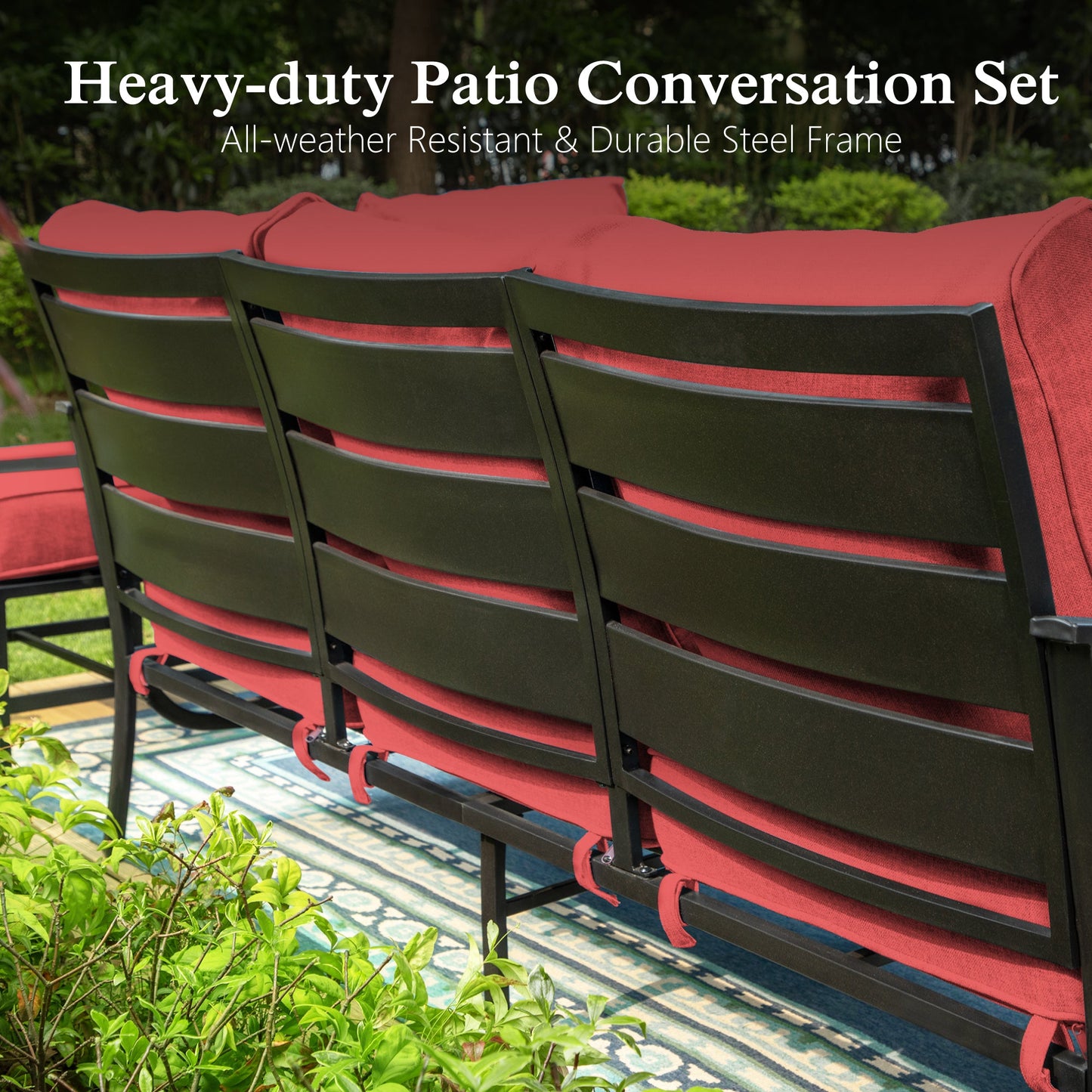 Alpha Joy 5 Piece Outdoor Patio Furniture Set Metal Conversation Set with Swivel Sofa Chairs & Ottomans, Red