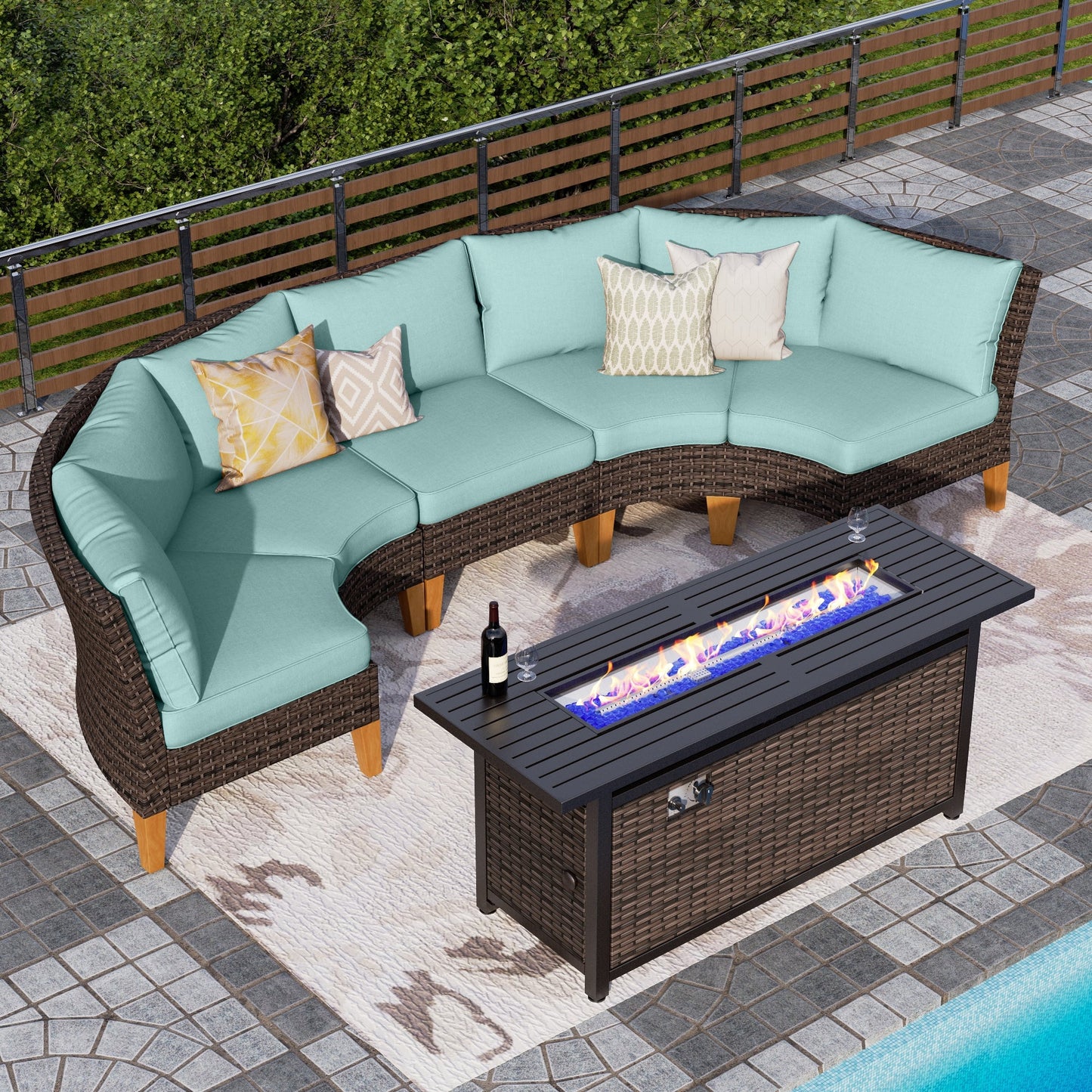 Alpha Joy 6 Pieces Outdoor Conversation Set with 56" Fire Pit Table Wicker Half-Moon Patio Furniture, Turquoise