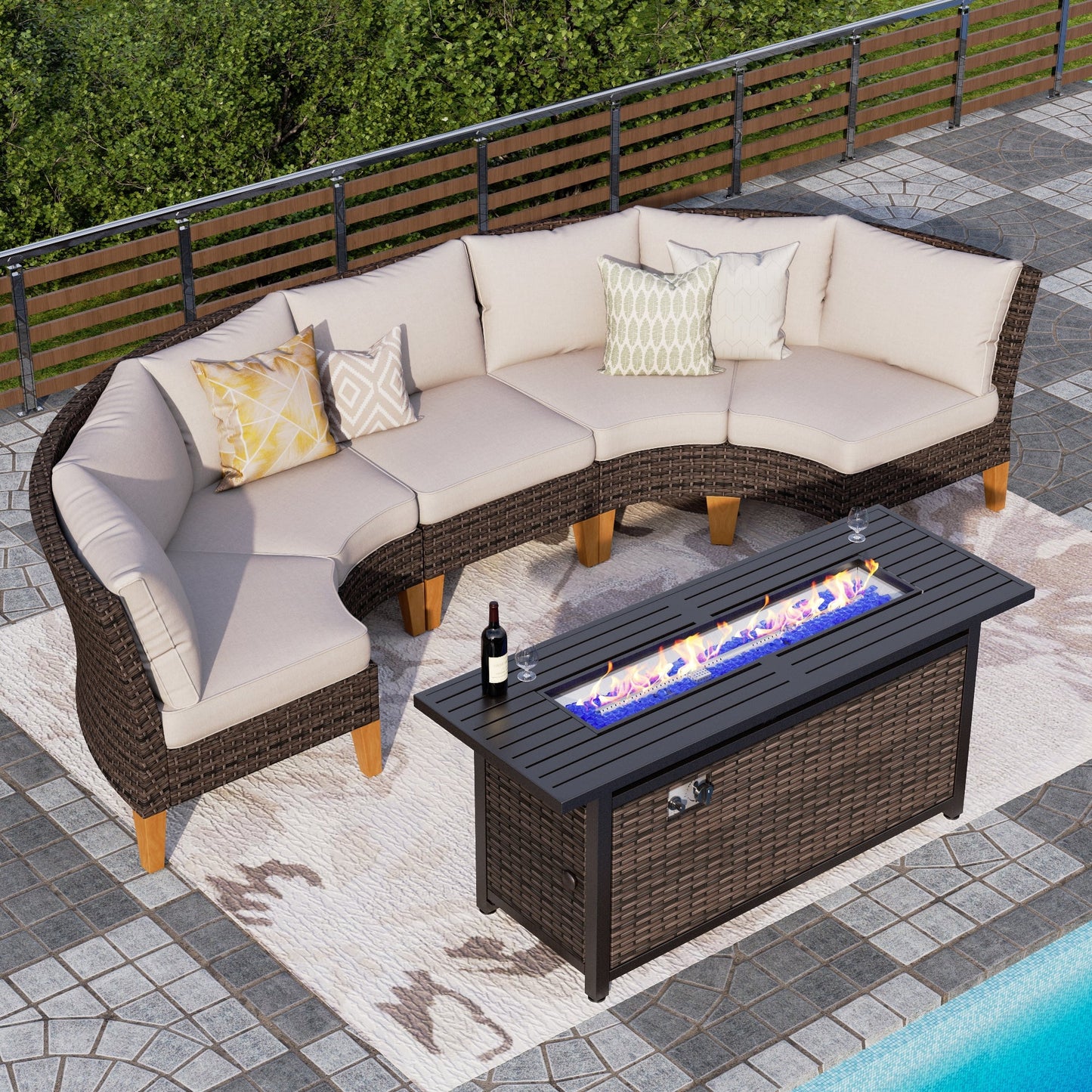 Alpha Joy 6 Pieces Outdoor Conversation Set with 56" Fire Pit Table Wicker Half-Moon Patio Furniture, Beige