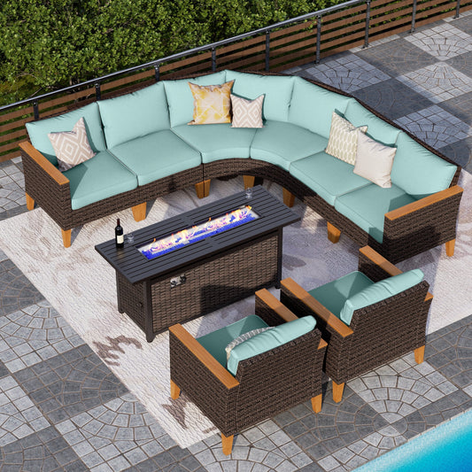 Alpha Joy 9 Pieces Wicker Outdoor Conversation Set with 56" Fire Pit Table Curved Patio Furniture Set, Turquoise