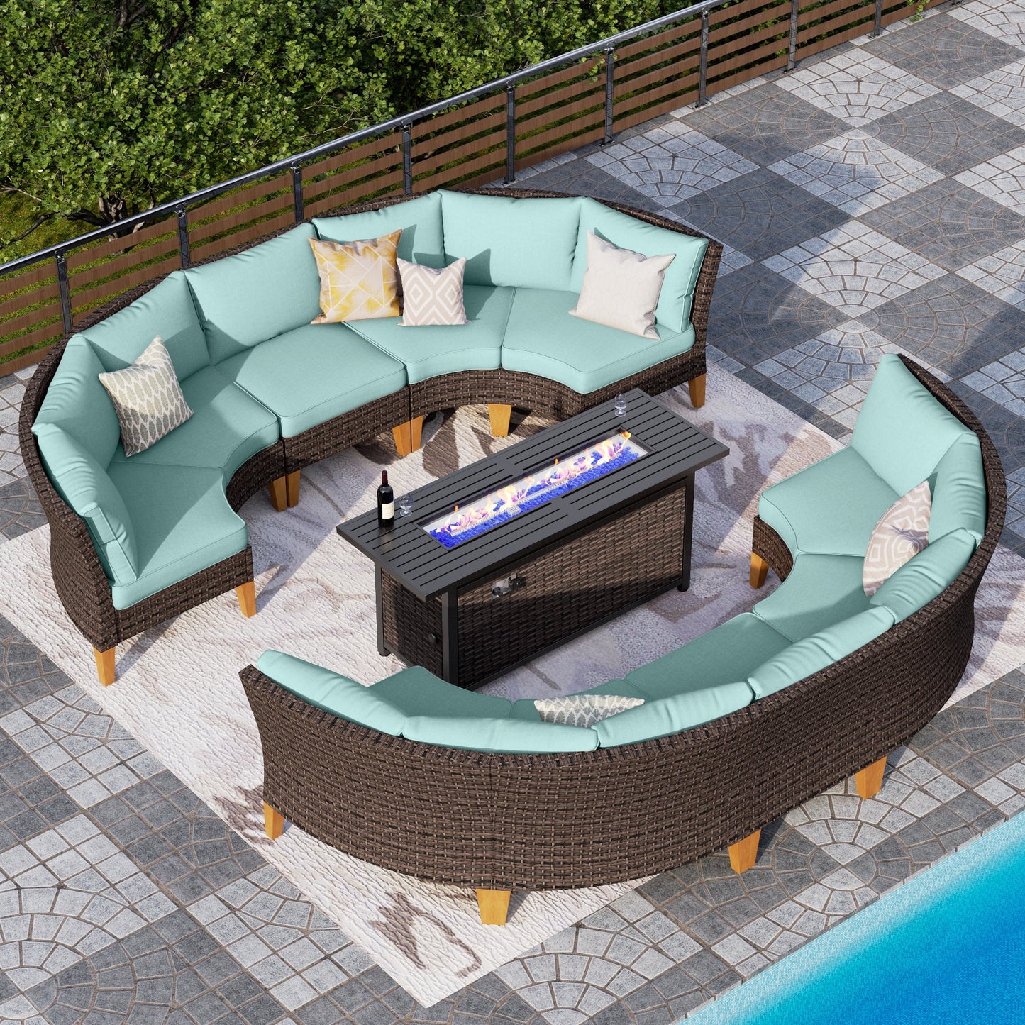 Alpha Joy 11 Pieces Outdoor Conversation Set with 56" Fire Pit Table Wicker Half-Moon Patio Furniture, Turquoise