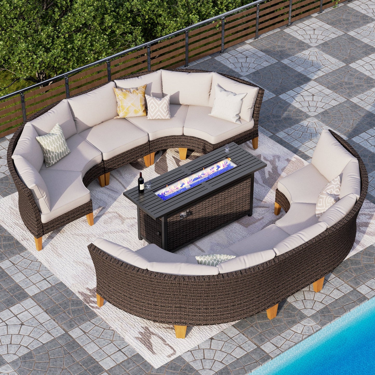 Alpha Joy 11 Pieces Outdoor Conversation Set with 56" Fire Pit Table Wicker Half-Moon Patio Furniture, Beige