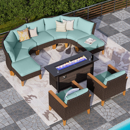 Alpha Joy 10 Pieces Outdoor Conversation Set with 56" Fire Pit Table Wicker Half-Moon Patio Furniture, Turquoise