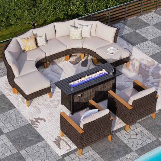 Alpha Joy 10 Pieces Outdoor Conversation Set with 56" Fire Pit Table Wicker Half-Moon Patio Furniture, Beige