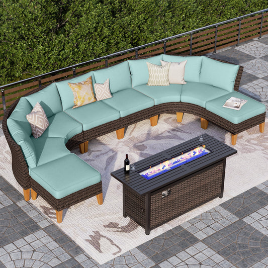 Alpha Joy 9 Pieces Outdoor Conversation Set with 56" Fire Pit Table Wicker Half-Moon Patio Furniture, Turquoise