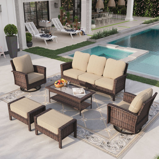 Sophia & William 6 Pieces Wicker Patio Conversation Set 7-Seat Outdoor Furniture Set with Swivel Chairs, Navy Blue