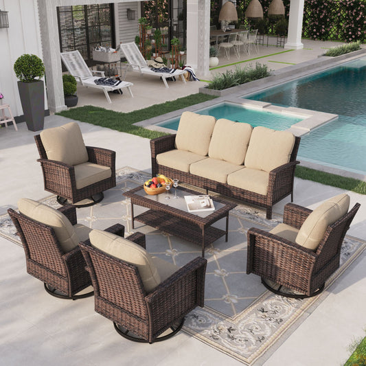 Sophia & William 6 Pieces Wicker Patio Conversation Set 7-Seat Outdoor Furniture Set with Swivel Chairs, Beige