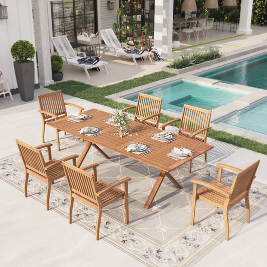 Sophia & William 7 Pieces Patio Dining Set Rectangular Expandable Acacia Wood Table with 6 x Acacia Wood Patio Chairs for Lawn, Garden, Backyard