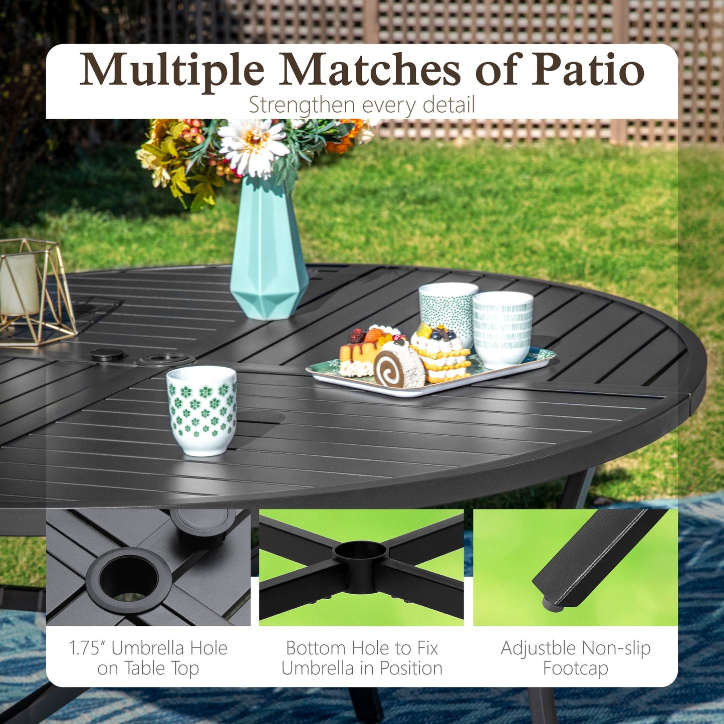 Sophia & William 7 Pieces Outdoor Patio Dining Set Large Round Metal Table with Umbrella Hole & Wicker Rattan Chairs Set for 6, Black & Navy Blue