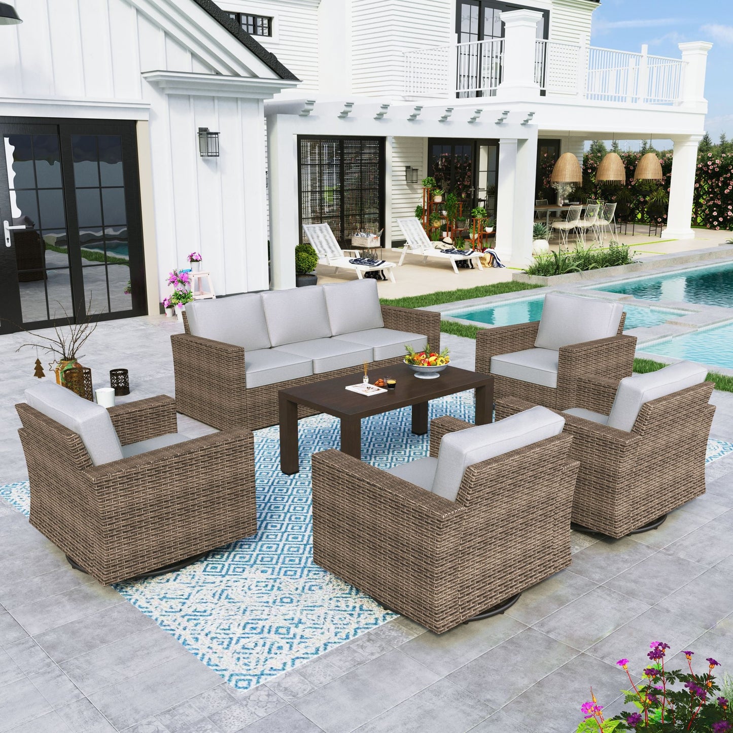 Sophia & William 6 Pieces Patio Furniture Set Wicker Outdoor Conversation Sofa Set with 4 Swivel Chairs, Grey