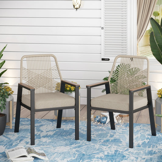 Sophia & William 2Pcs Outdoor Patio Rattan Dining Chairs with Metal Frame, Beige Cushion