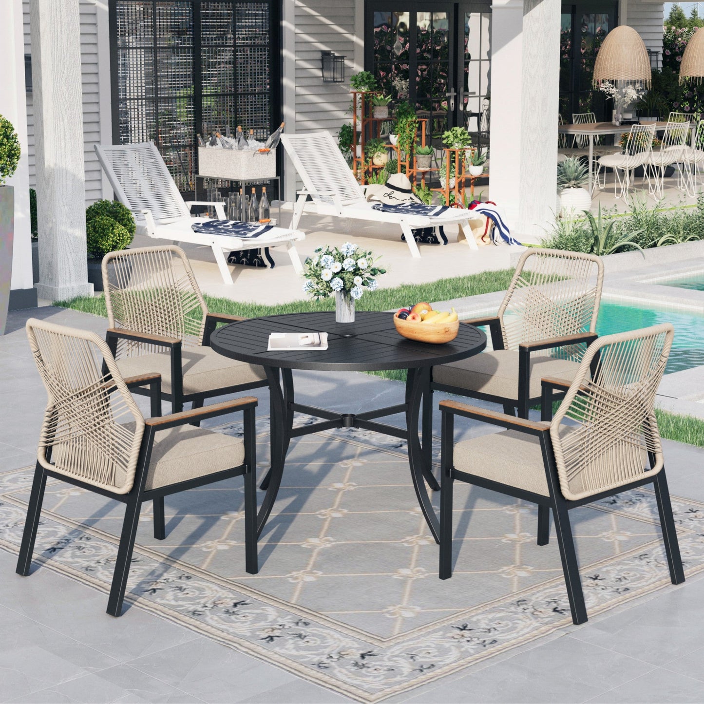 Sophia & William 5-Piece Outdoor Patio Dining Set Metal Rattan Chairs and Steel Round Table