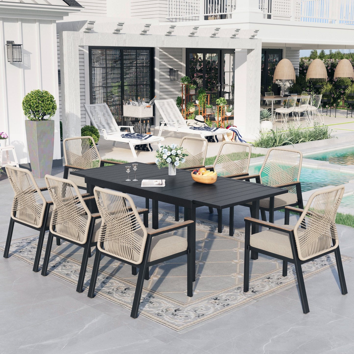 Sophia & William 9-Piece Outdoor Patio Dining Set Metal Rattan Chairs and Extendable Steel Table