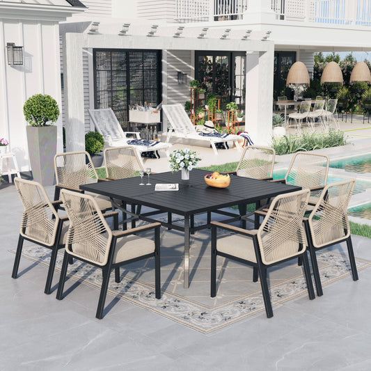 Sophia & William 9-Piece Outdoor Patio Dining Set Metal Rattan Chairs and Large Steel Square Table