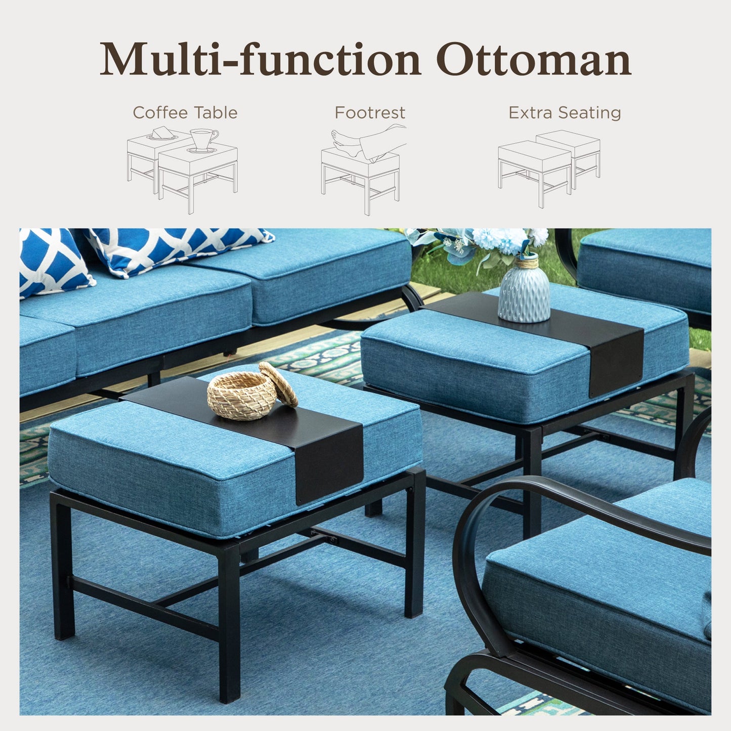 Alpha Joy 5 Piece Outdoor Patio Furniture Set Metal Conversation Set with Swivel Sofa Chairs & Ottomans, Navy Blue