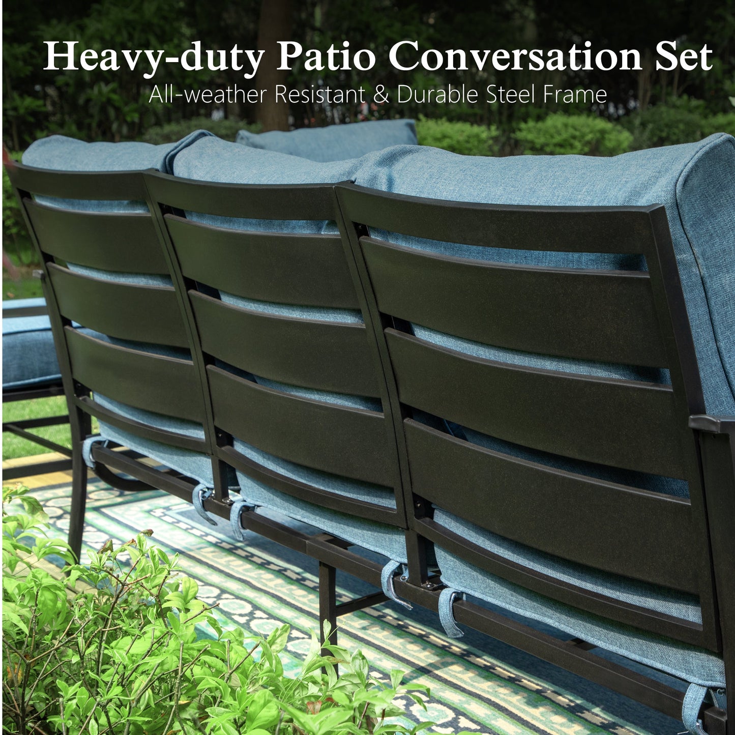 Alpha Joy 5 Piece Outdoor Patio Furniture Set Metal Conversation Set with Swivel Sofa Chairs & Ottomans, Navy Blue