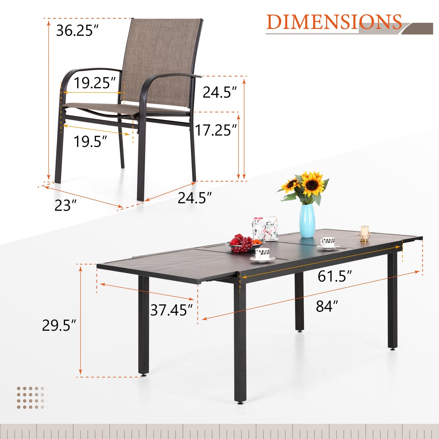 7 Piece Patio Metal Dining Set Extendable Table and 6 Brown Textilene Chairs