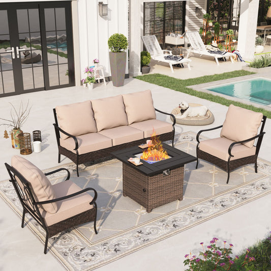 Sophia & William 4 Piece Outdoor Patio Conversation Sofa Set 5-Seat Fire Pit Set