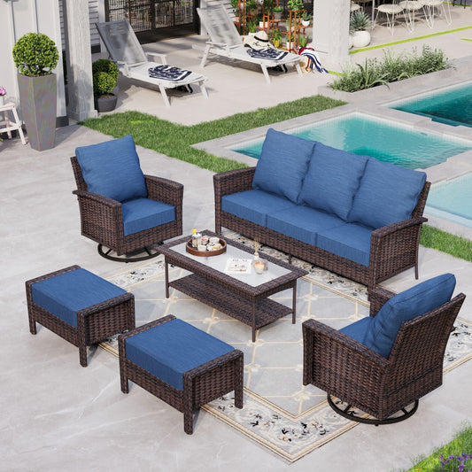 Sophia & William 6 Pieces Wicker Patio Conversation Set 7-Seat Outdoor Furniture Set with Swivel Chairs, Navy Blue