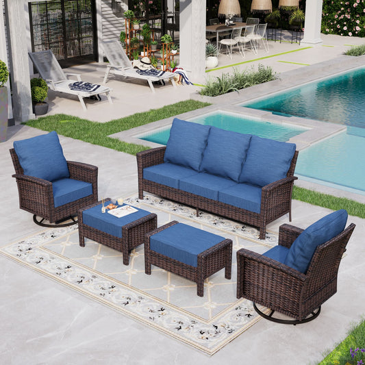 Sophia & William 5 Pieces Wicker Patio Conversation Set 7-Seat Outdoor Furniture Set with Swivel Chairs, Navy Blue