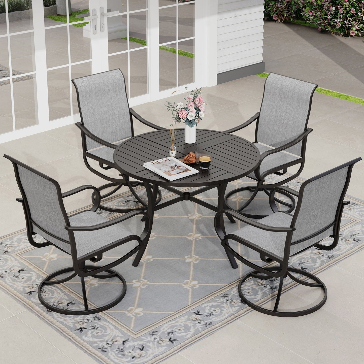 Sophia & William 5 Piece Outdoor Patio Dining Set Textilene Chairs and 42" Round Table Furniture Set, Gray