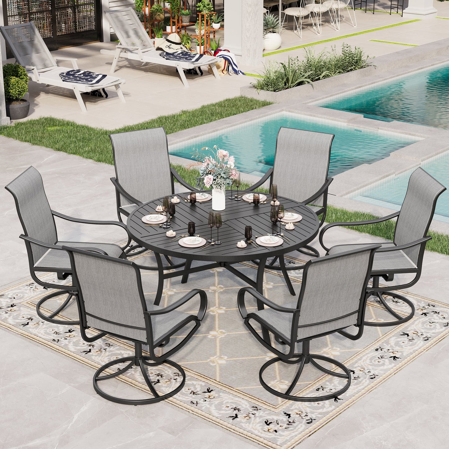 Sophia & William 7 Piece Outdoor Patio Dining Set Textilene Chairs and 54" Round Table Furniture Set, Gray