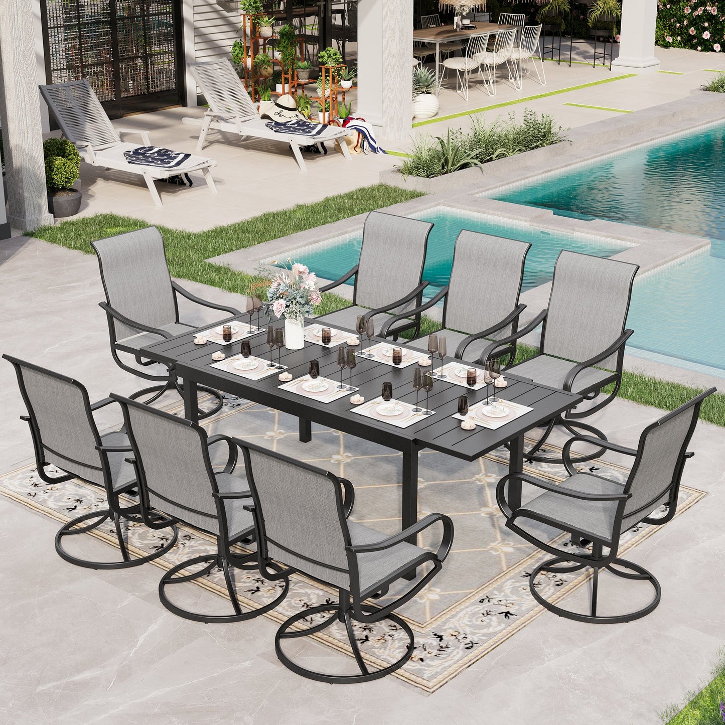 Sophia & William 9 Piece Outdoor Patio Dining Set Textilene Chairs and Expandable Table Furniture Set, Gray