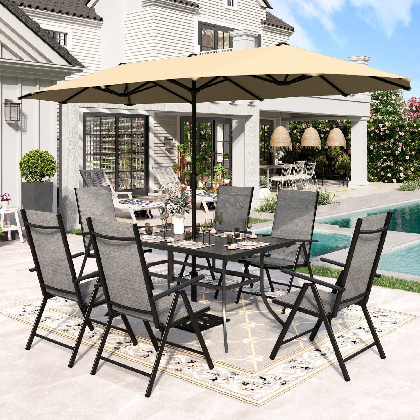 Sophia & William 8-Piece Outdoor Patio Dining Set with 13ft Beige Umbrella, Gray Folding Chairs & Rectangle Table for 6