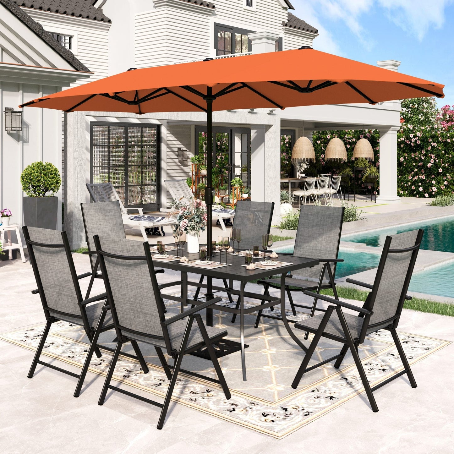 Sophia & William 8-Piece Outdoor Patio Dining Set with 13ft Red Umbrella, Gray Folding Chairs & Rectangle Table for 6