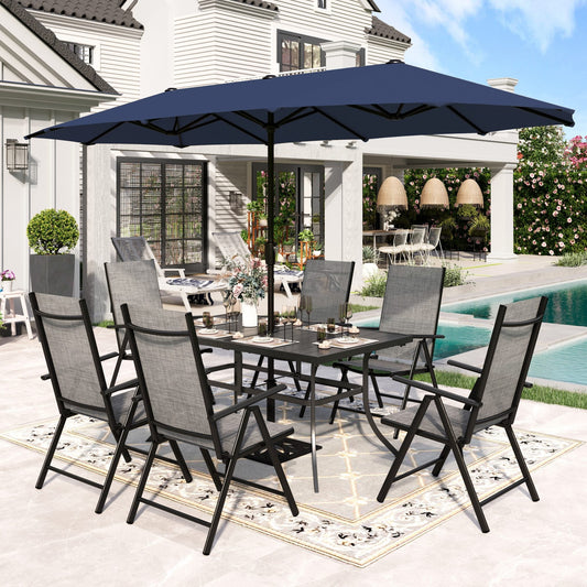 Sophia & William 8-Piece Outdoor Patio Dining Set with 13ft Navy Umbrella, Gray Folding Chairs & Rectangle Table for 6