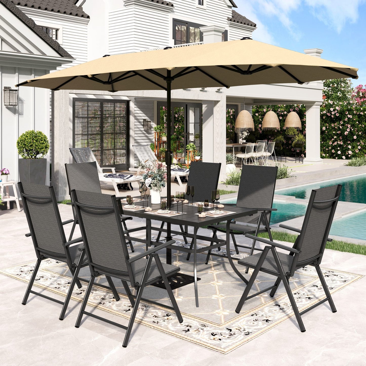 Sophia & William 8-Piece Outdoor Patio Dining Set with 13ft Umbrella, Adjustable Folding Chairs & Rectangle Table for 6, Black & Beige