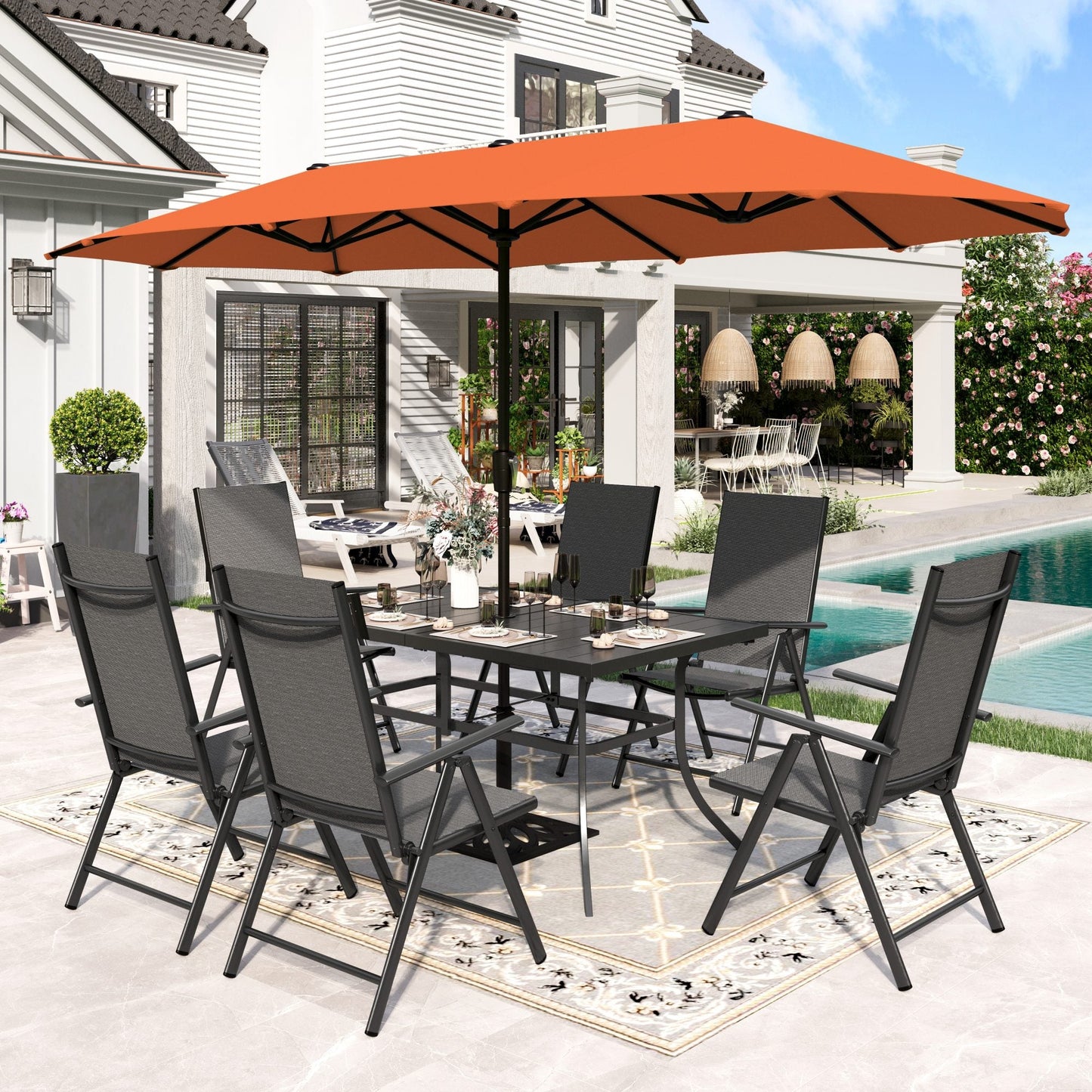 Sophia & William 8-Piece Outdoor Patio Dining Set with 13ft Umbrella, Adjustable Folding Chairs & Rectangle Table for 6, Red