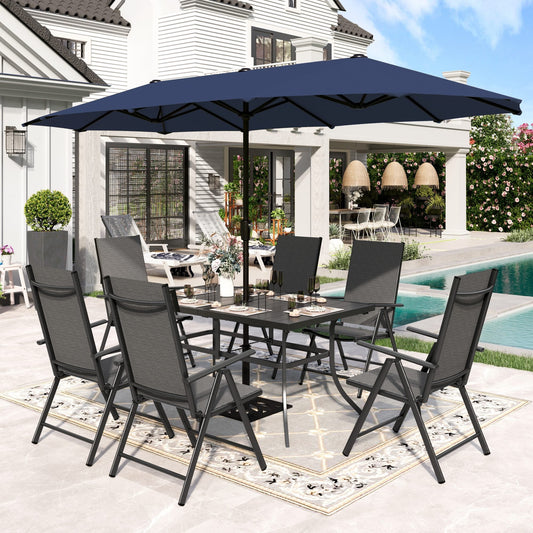 Sophia & William 8-Piece Outdoor Patio Dining Set with 13ft Navy Umbrella, Black Folding Chairs & Rectangle Table for 6