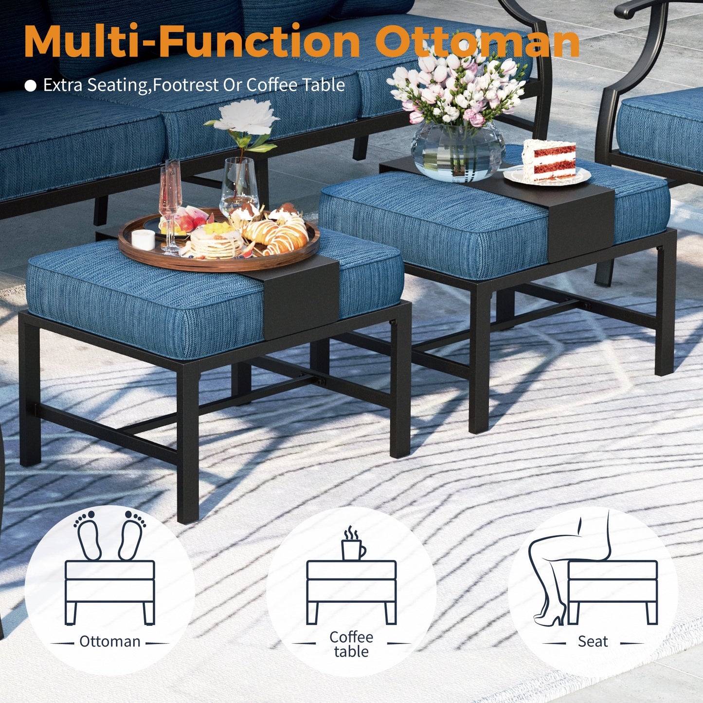 Sophia&William 7 Seat Patio Conversation Set Outdoor Sofa Furniture Set with Marble Table & Ottomans, Pacific Blue