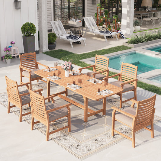 Sophia & William 7 Pieces Patio Dining Set Rectangular Expandable Acacia Wood Table with 6 x Acacia Wood Patio Chairs with Cushions for Lawn, Garden, Backyard