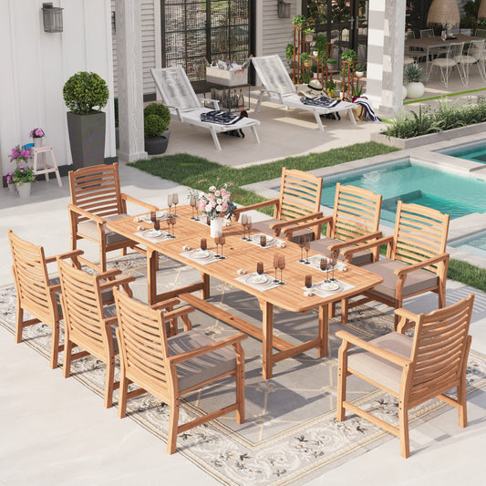 Sophia & William 9 Pieces Patio Dining Set Rectangular Expandable Acacia Wood Table with 8 x Acacia Wood Patio Chairs with Cushions for Lawn, Garden, Backyard