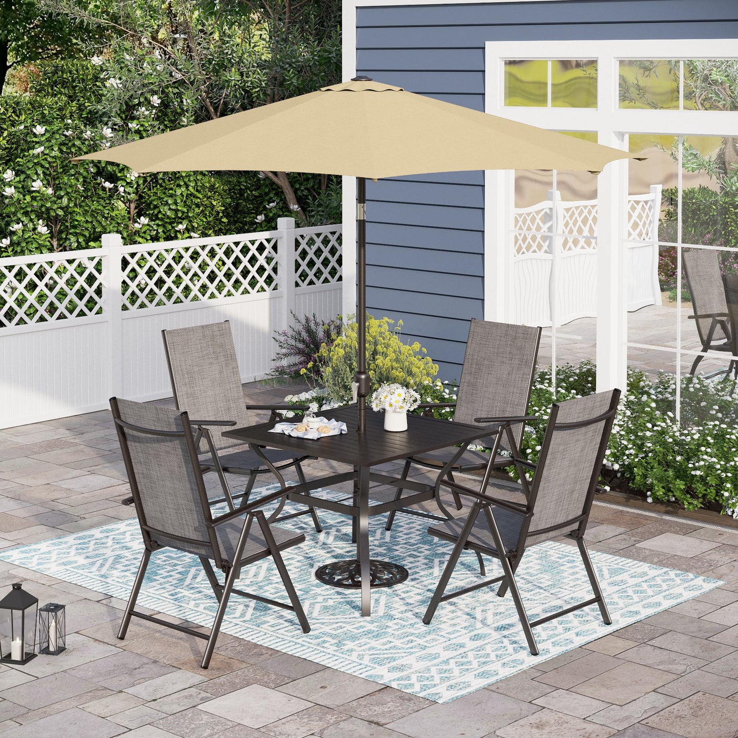 Sophia & William 6-Piece Outdoor Patio Dining Set with 9ft Umbrella, Adjustable Folding Chairs & Square Table for 4, Gray & Beige