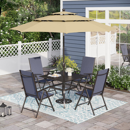 Sophia & William 6-Piece Outdoor Patio Dining Set with 10ft Umbrella, Adjustable Folding Chairs & Square Table for 4, Blue & Beige