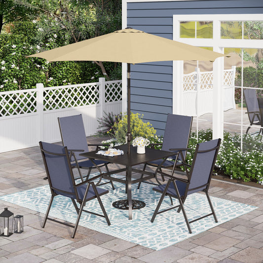 Sophia & William 6-Piece Outdoor Patio Dining Set with 9ft Umbrella, Adjustable Folding Chairs & Square Table for 4, Blue & Beige