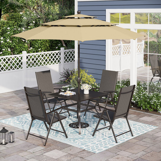 Sophia & William 6-Piece Outdoor Patio Dining Set with 10ft Umbrella, Adjustable Folding Chairs & Square Table for 4, Black & Beige