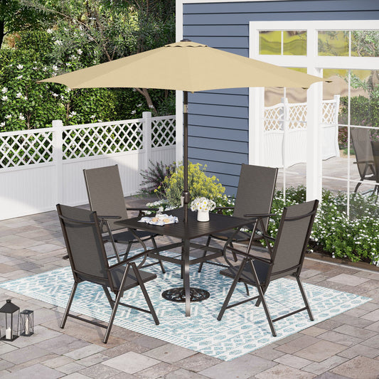 Sophia & William 6-Piece Outdoor Patio Dining Set with 9ft Umbrella, Adjustable Folding Chairs & Square Table for 4, Black & Beige