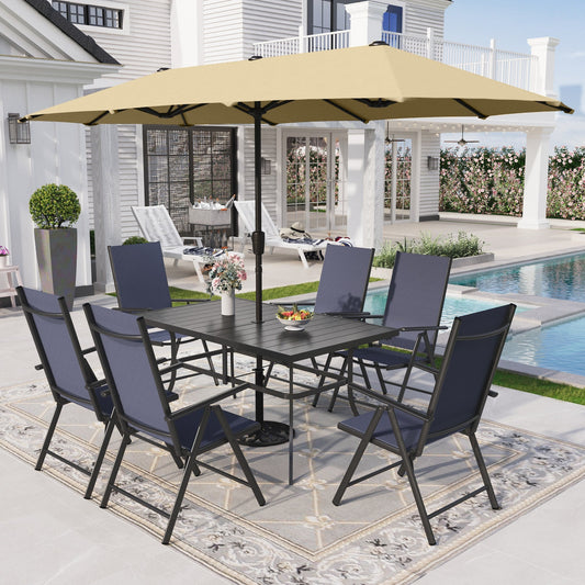 Sophia & William 8-Piece Outdoor Patio Dining Set with 13ft Umbrella, Adjustable Folding Chairs & Rectangle Table for 6, Blue & Beige