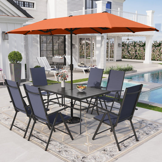 Sophia & William 8-Piece Outdoor Patio Dining Set with 13ft Umbrella, Adjustable Folding Chairs & Rectangle Table for 6, Red