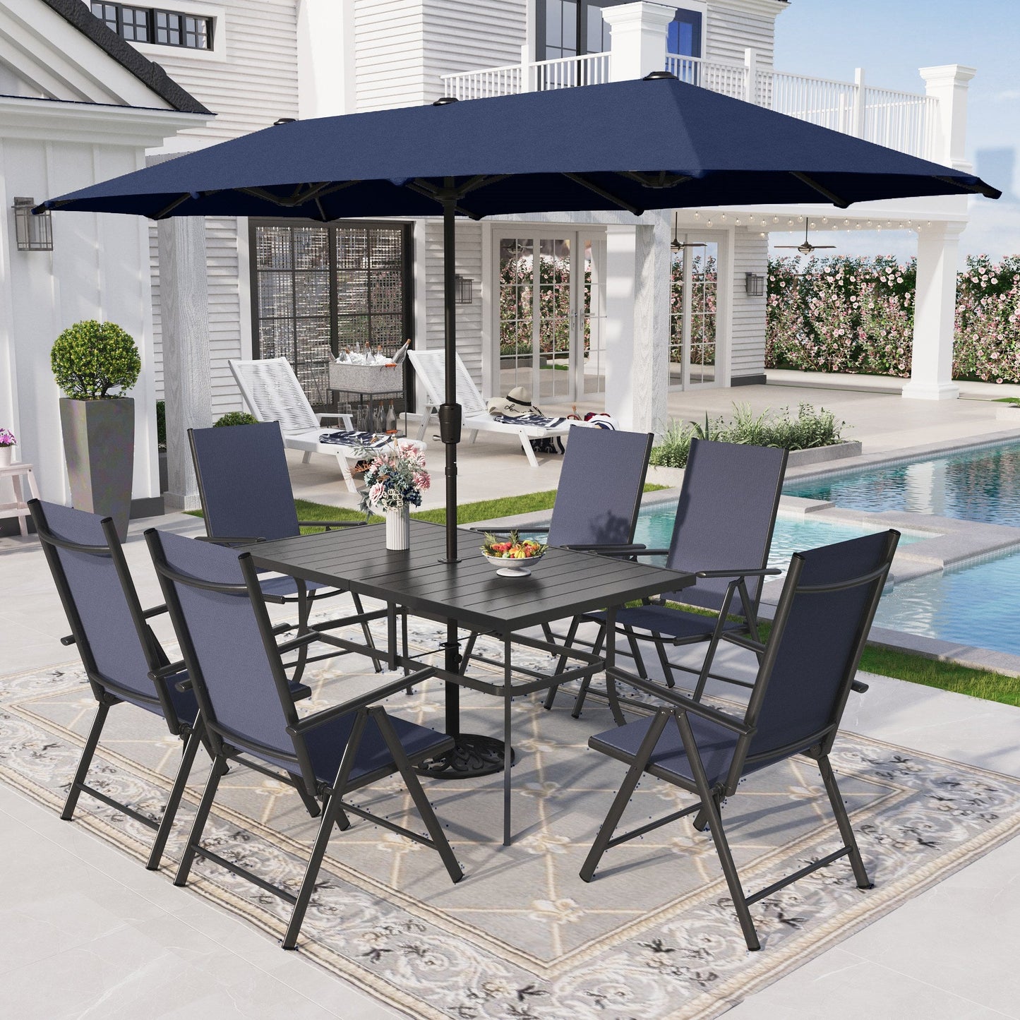 Sophia & William 8-Piece Outdoor Patio Dining Set with 13ft Umbrella, Adjustable Folding Chairs & Rectangle Table for 6, Navy Blue