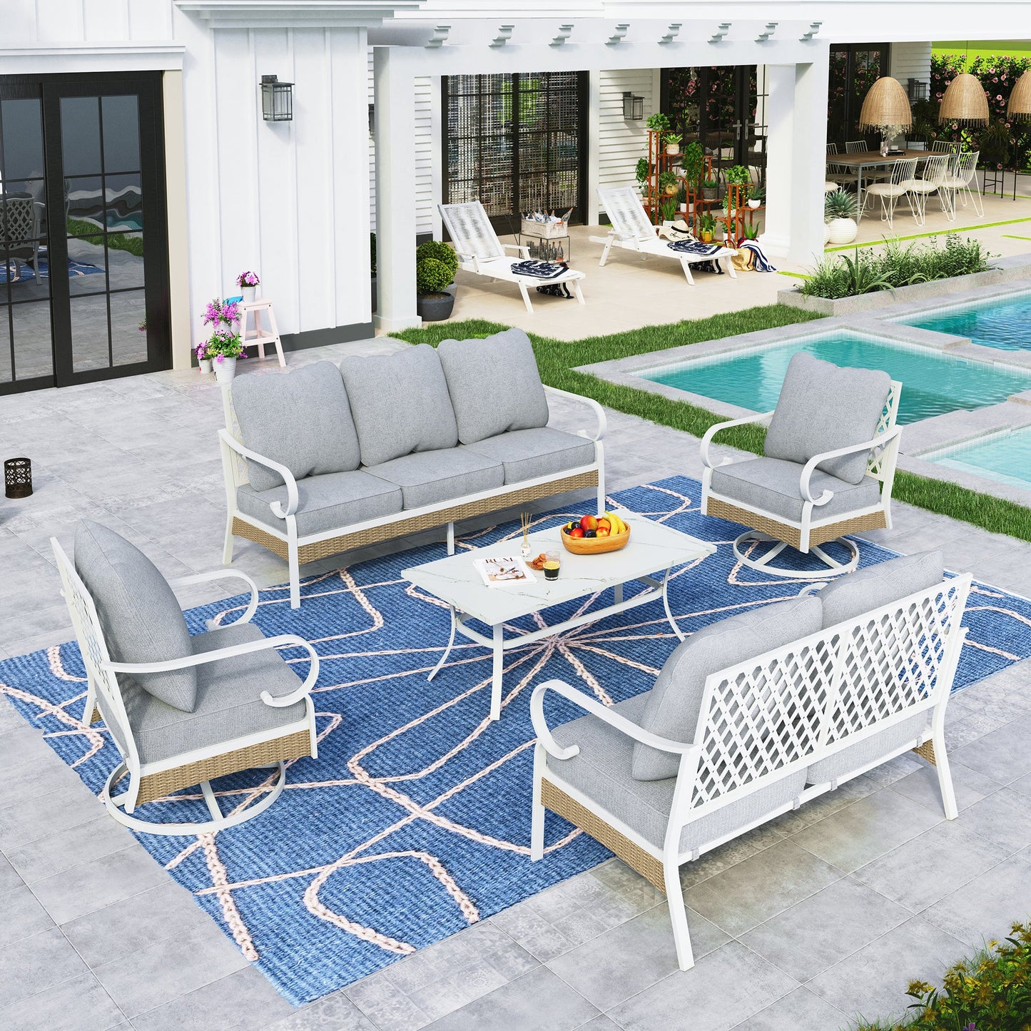 Sophia&William 6 Piece Patio Conversation Set Outdoor Furniture Loveseat Sofa Set with Swivel Chair, Light Gray